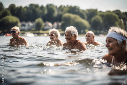 Active senior people group swimming in lake water photo