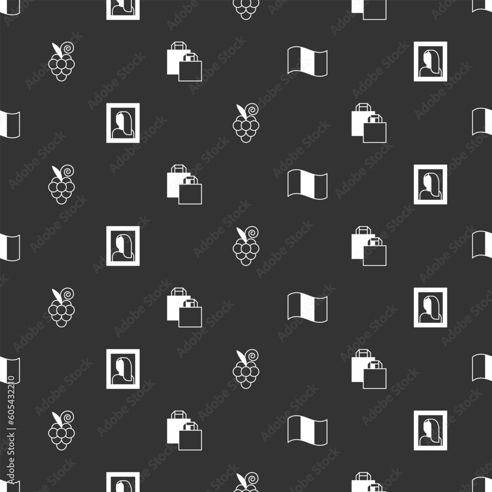 Set Flag France, Portrait picture in museum, Grape fruit and Paper shopping bag on seamless pattern. Vector Set Flag France, Portrait picture in museum, Grape fruit and Paper shopping bag on seamless pattern. Vector