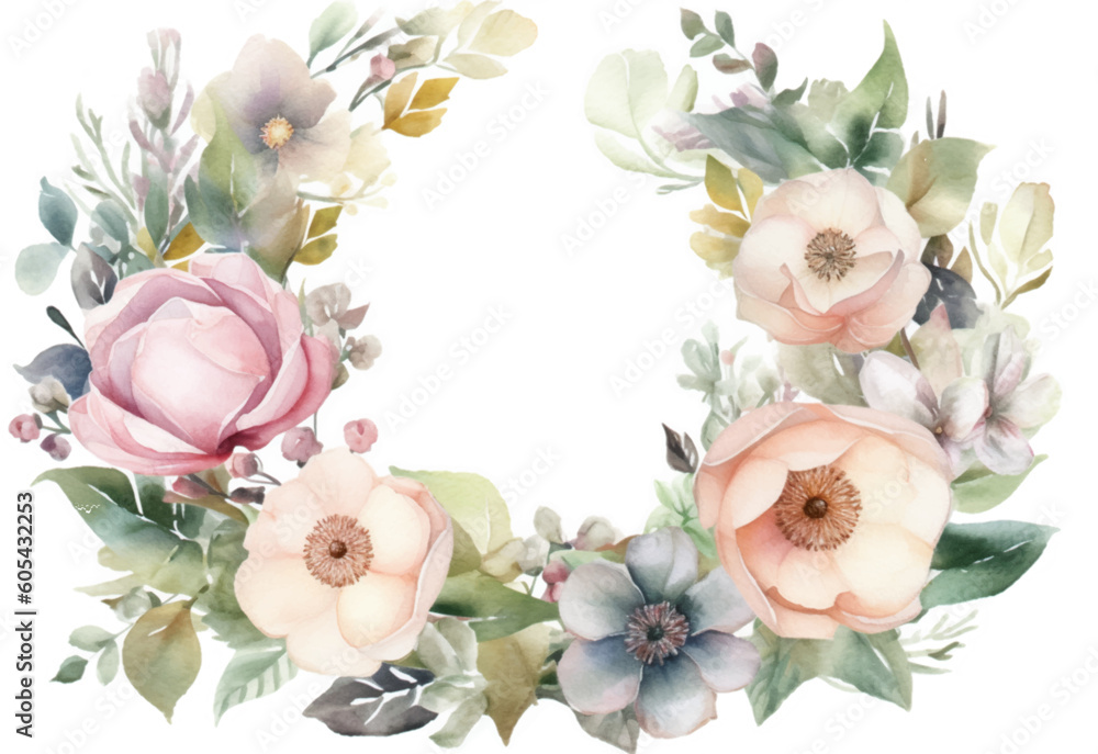 A watercolor floral wreath with a blue flower ai generated