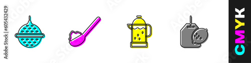 Set Ball tea strainer, Spoon with sugar, French press and Tea bag lemon icon. Vector