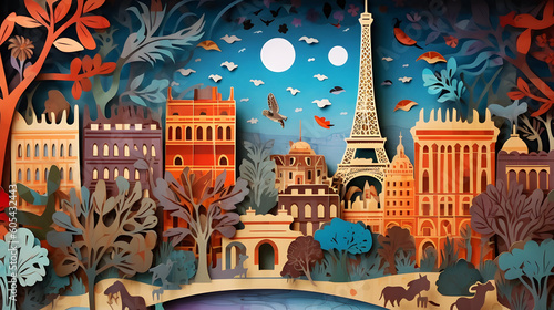 Papercut Illustration Paris & France, panorama travel postcard, poster, tour advertising of world famous landmarks - Generative AI