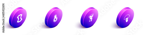 Set Isometric Leather, Avocado fruit, Vegan pizza slice and Mushroom icon. Vector