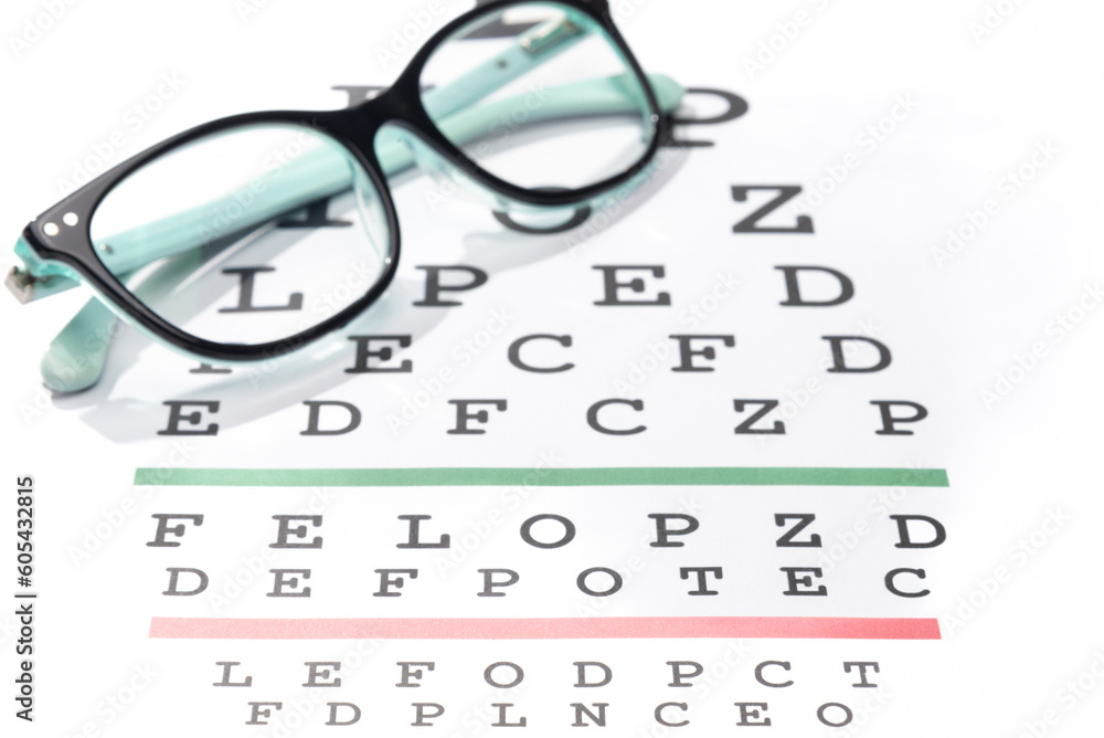 Eyeglasses on top of an eye chart. Black and blue eye ware laying on top of an eye chart. Eyeglasses on top of an eye chart. Black and blue eye ware laying on top of an eye chart.