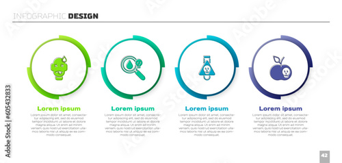 Set Man poisoning, Poison magnifying glass, Bottle with potion and apple. Business infographic template. Vector