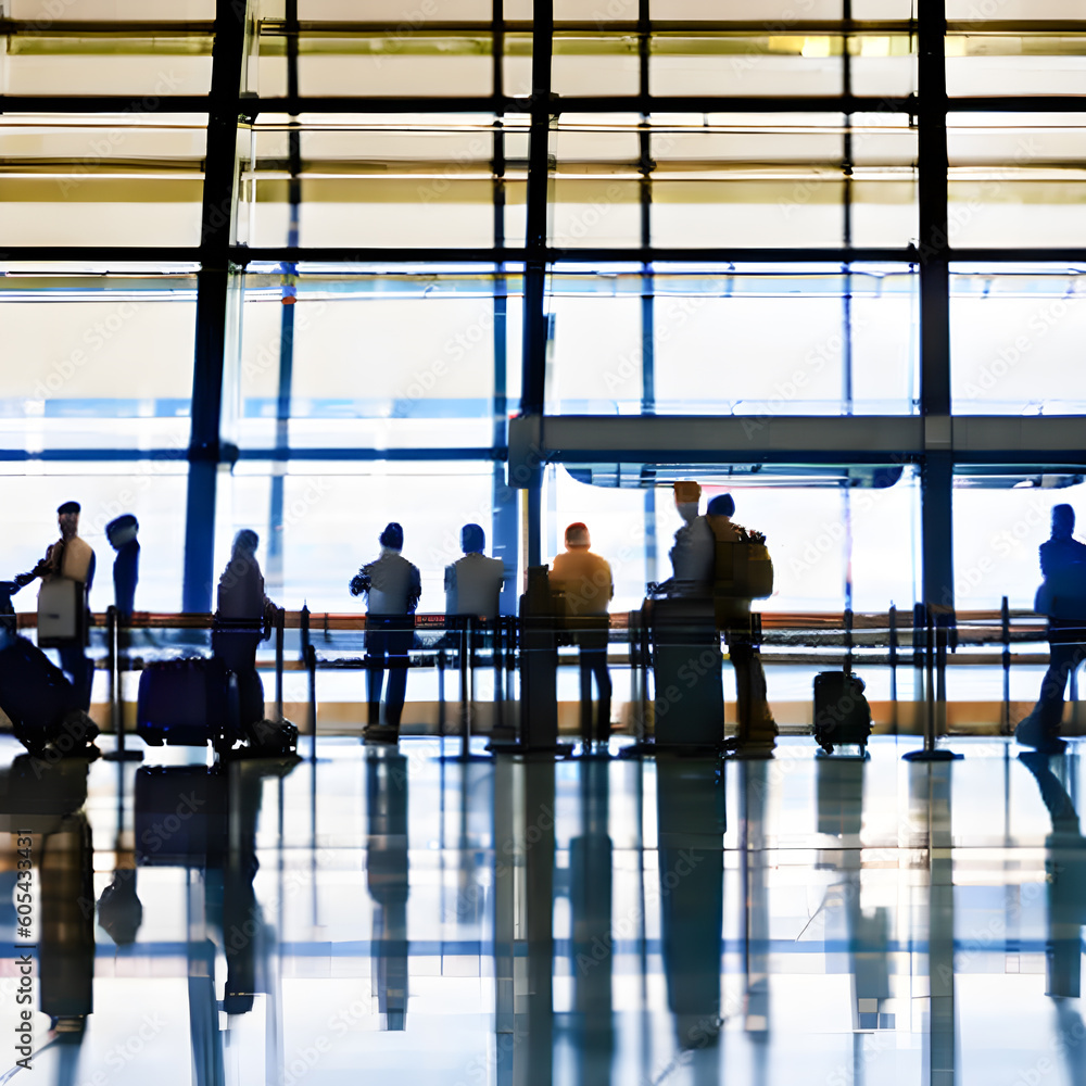 Blurred background tourists looking for the check in aircraft in ...