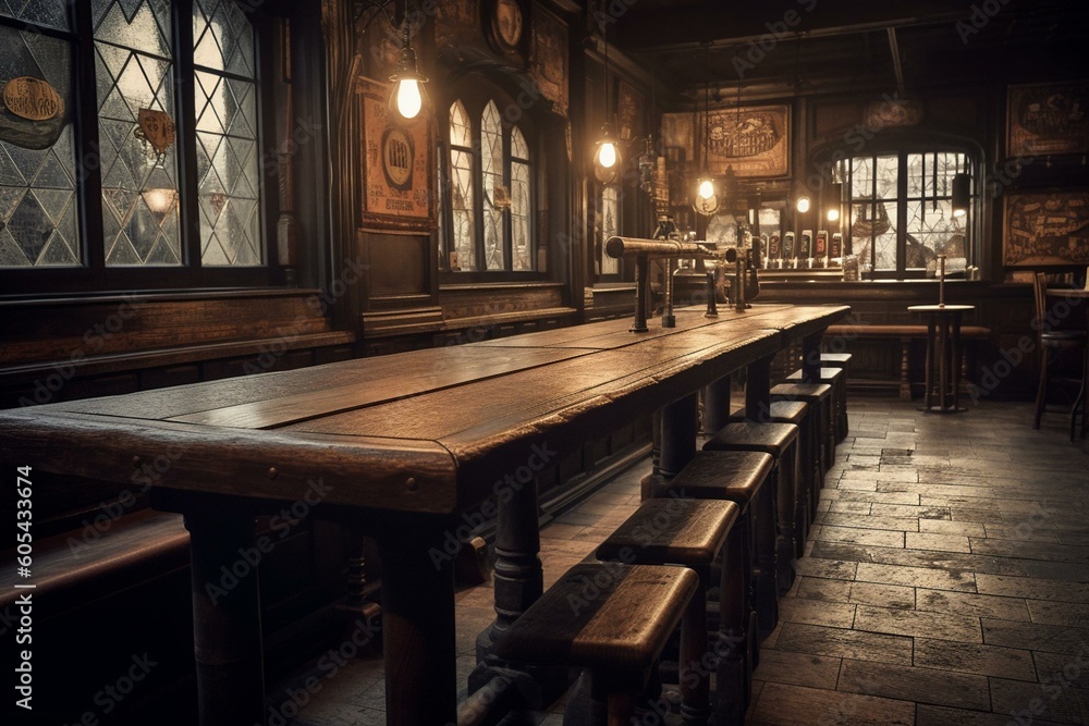 A pub for beer, has a long table with chairs. Generative AI