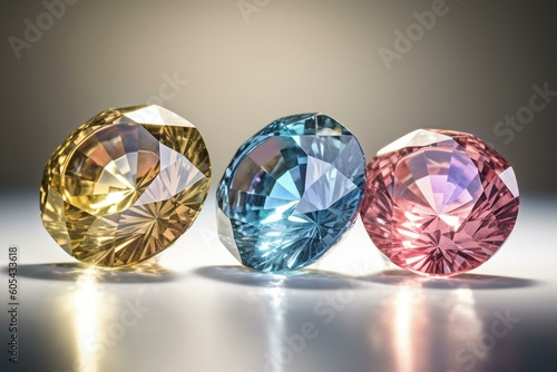 Round cut diamonds in pink  blue  yellow colors  viewed from side  isolated on white background. Generative AI