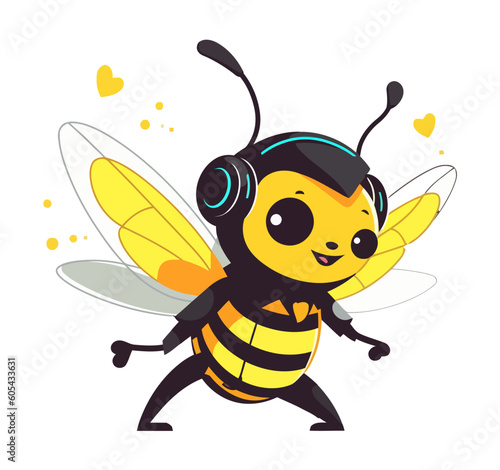 Cute honey bee mascot with headphones