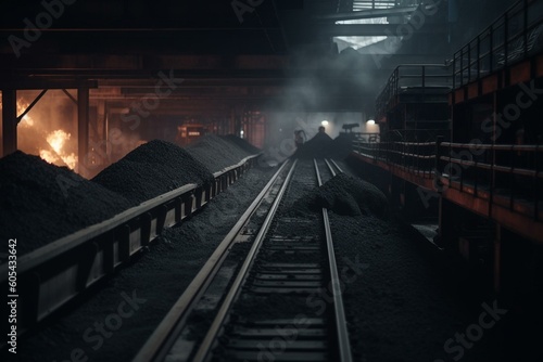 Conveyor transporting raw coal from mining industry. Generative AI