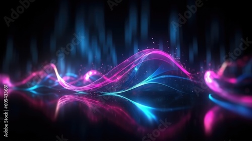 Futuristic abstract background with pink and blue glowing light neon moving high speed wave lines on black background. AI generated