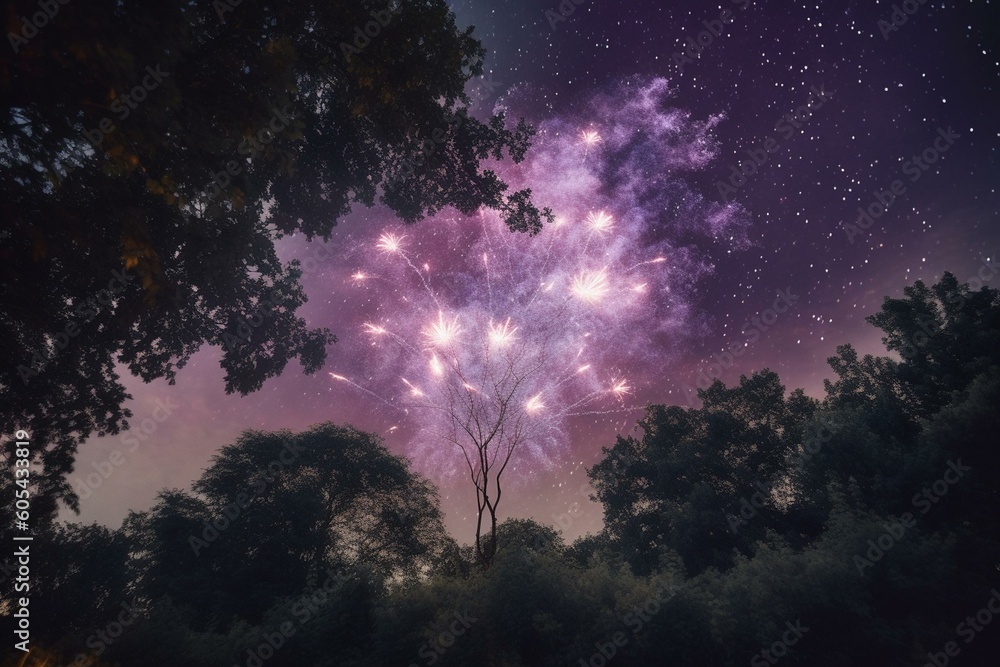 Purple fireworks illuminate the night sky over trees in this festive image. Generative AI