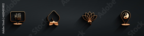 Set Chinese New Year, Peach fruit or nectarine, Lotus flower and Yin Yang symbol icon with long shadow. Vector