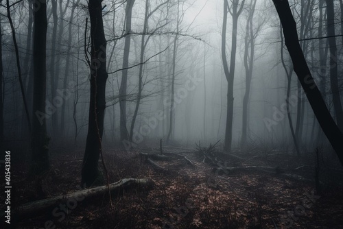 Misty woods in winter darkness. Generative AI