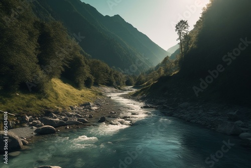 Mountainous river view. Generative AI