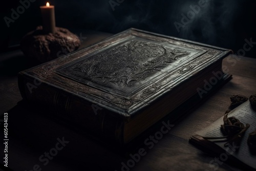 Dark leather book, misty horror. Bible and medieval mockup. Generative AI