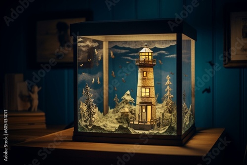 Nighttime fantasy paper craft lighthouse in shadow box. Generative AI