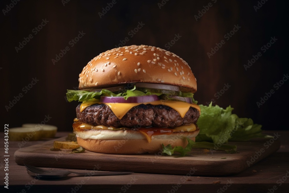 A mouthwatering burger with lettuce, cheese, and beef patty. Generative AI