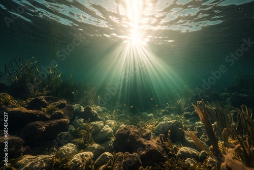 Illustration of sunlight rays shining underwater, created with 3D rendering technology. Generative AI © Michael