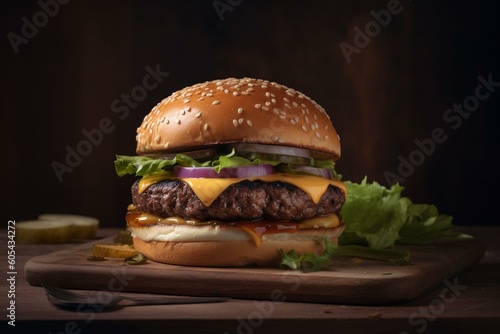 A mouthwatering burger with lettuce, cheese, and beef patty. Generative AI