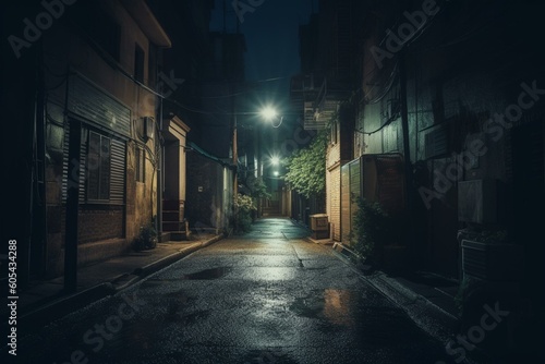 Spooky urban scene at night with dim alleyway in residential area. Generative AI