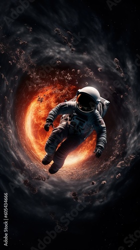 Astronaut in space going through a black hole. Generative AI.