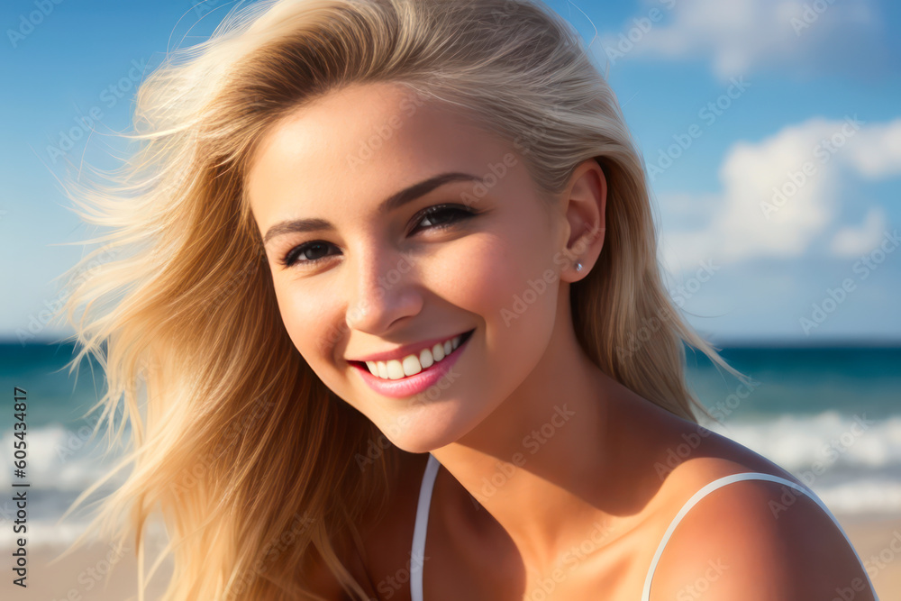 Digital portrait of a beautiful smiling blonde girl on the beach. Concept of active travel. Generative AI