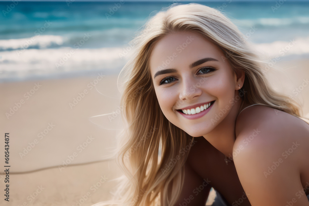 Digital portrait of a beautiful smiling blonde girl on the beach. Concept of active travel. Generative AI Digital portrait of a beautiful smiling blonde girl on the beach. Concept of active travel. Generative AI