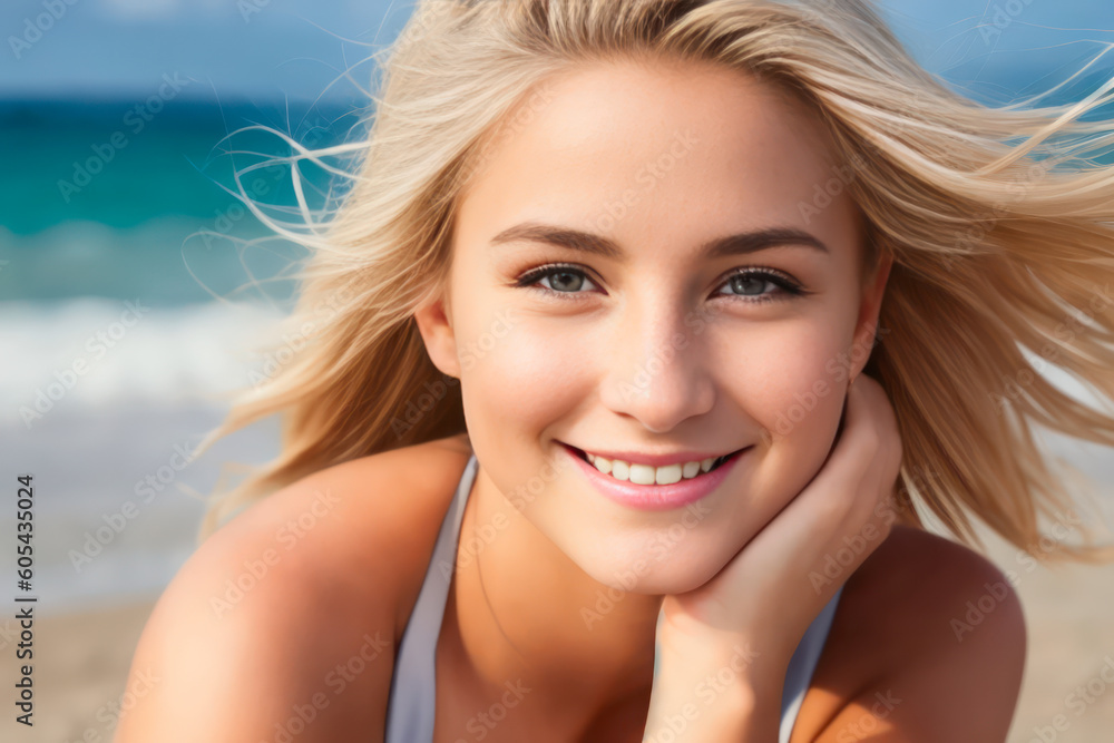 Digital portrait of a beautiful smiling blonde girl on the beach. Concept of active travel. Generative AI Digital portrait of a beautiful smiling blonde girl on the beach. Concept of active travel. Generative AI