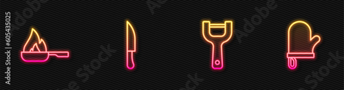 Set line Vegetable peeler, Frying pan, Knife and Oven glove. Glowing neon icon. Vector