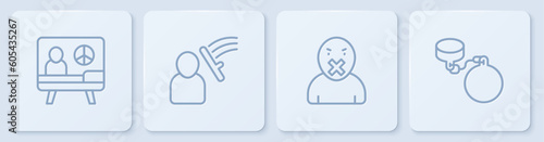 Set line Peace, Censor and freedom of speech, Police beat human and Ball on chain. White square button. Vector