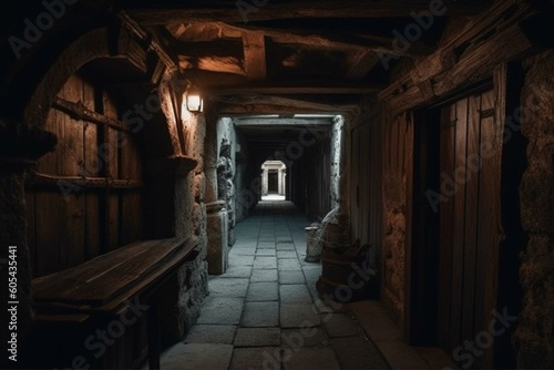 Ancient passageway in feudal structure. Generative AI