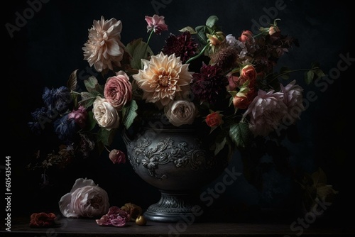 Lush floral arrangement in a grey vase, with baroque curls, deep colors, and subtle grey hues creates a gorgeous and forbidden beauty. Keywords: floral, arrangement, baroque, deep,. Generative AI