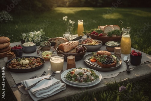 Outdoor dining essentials spread on green field. Generative AI
