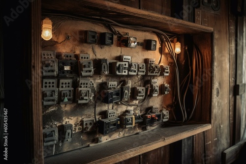 Electricity fuses in fusebox inside wooden house. Generative AI photo