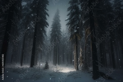A wintry scene of snow falling over a forest of fir trees at night. Generative AI