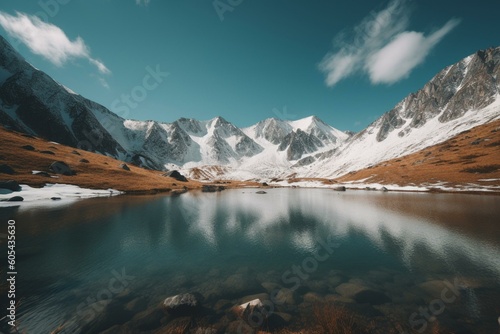 Lake surrounded by mountain ranges with snow, clouds and blue sky. Generative AI