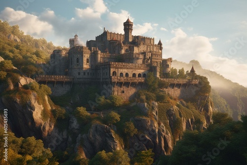 A magical fortress and terrace nestled in the hills. Rendered in 3D. Generative AI