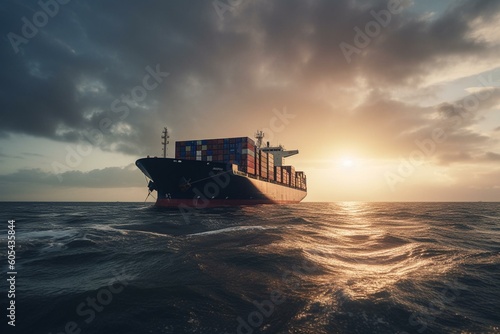 Picture of a large container ship at sea. Generative AI