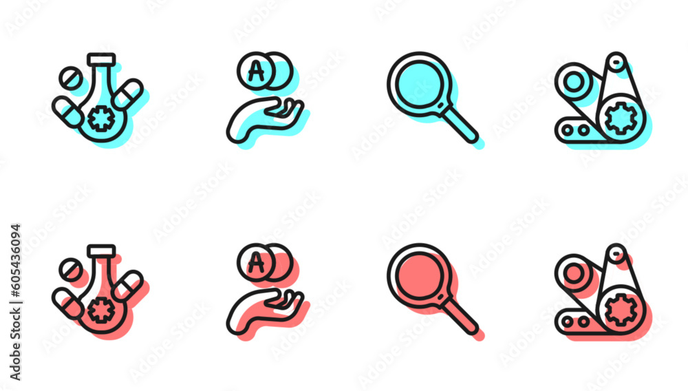 Set line Magnifying glass, Medicine pill, Atom and Timing belt kit icon. Vector
