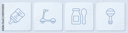 Set line Baby bottle, Yogurt in with spoon, Roller scooter and Rattle baby toy. White square button. Vector