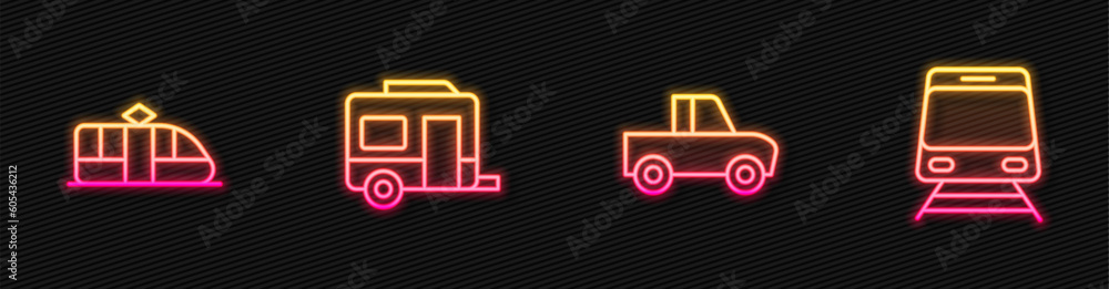 Set line Pickup truck, Tram and railway, Rv Camping trailer and Train. Glowing neon icon. Vector Set line Pickup truck, Tram and railway, Rv Camping trailer and Train. Glowing neon icon. Vector