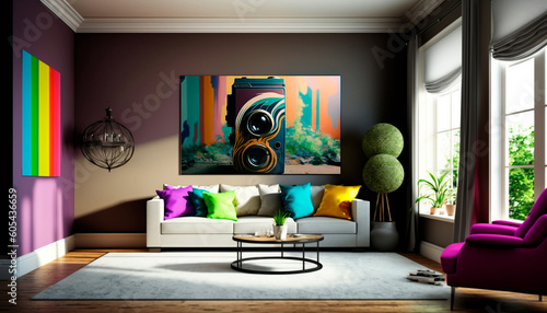 modern living room, coloful, soft, minimalist, red, green, yellow, grey, window, luminoso, shine, perfect, muckup, frame