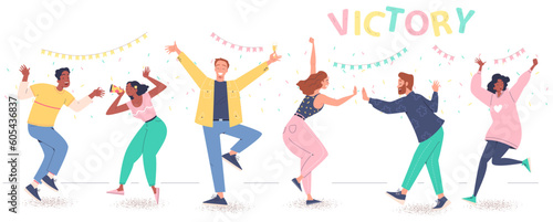 People celebrate event. Happy characters and teenagers dancing at confetti party with flags. Joyful men and women smile and move. Holiday, festival, victory concept. Cartoon flat vector illustration.