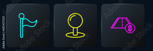 Set line Flag, Toll road traffic and Push pin. Black square button. Vector