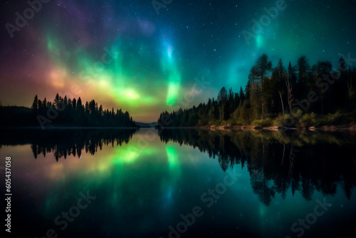 Aurora borealis, northern lights over lake in Finland.AI Generated © Kateryna
