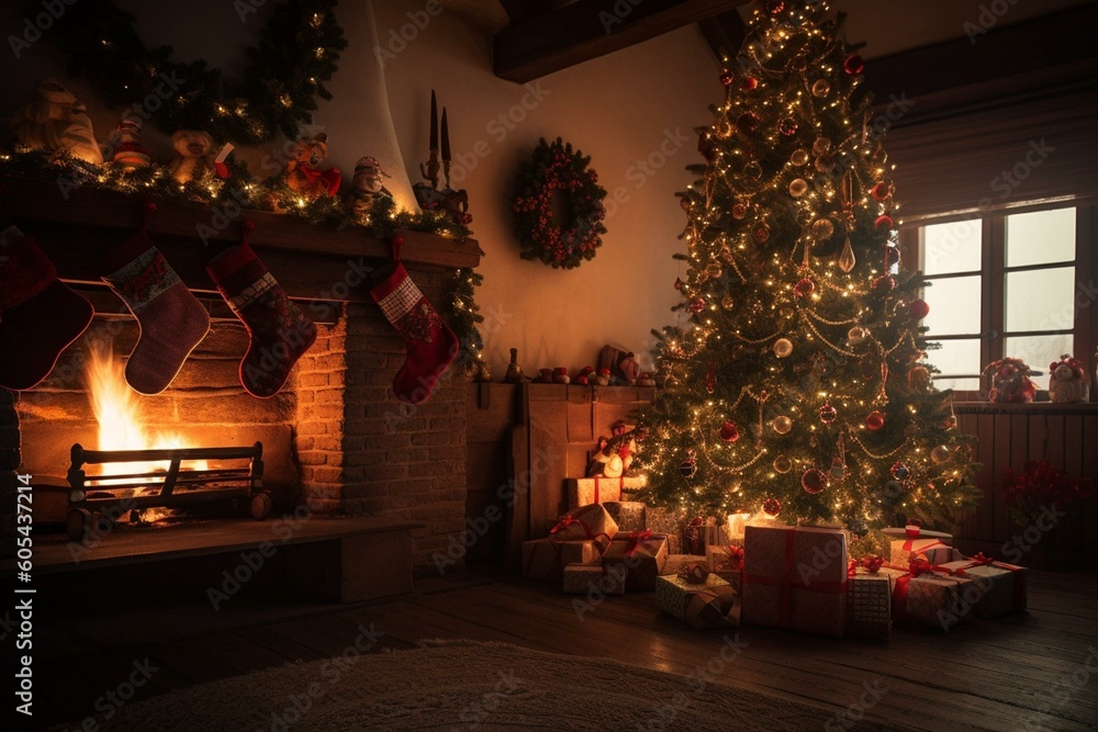A festive tree adorned with ornaments and presents sits in a room with a roaring fireplace. Generative AI