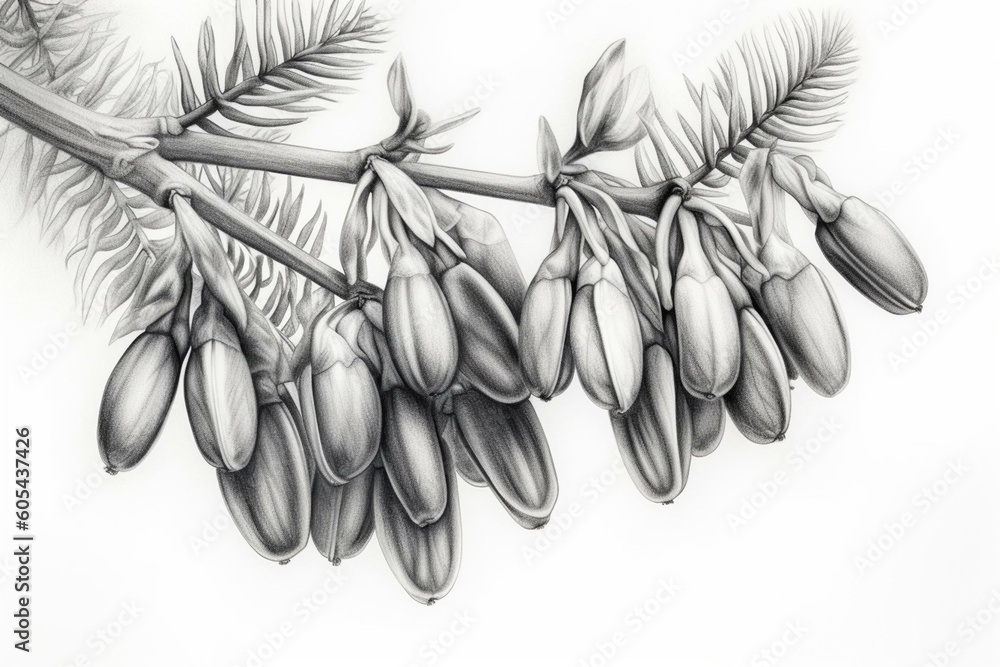 Pencil drawing of isolated kowhai flowers with clipping path