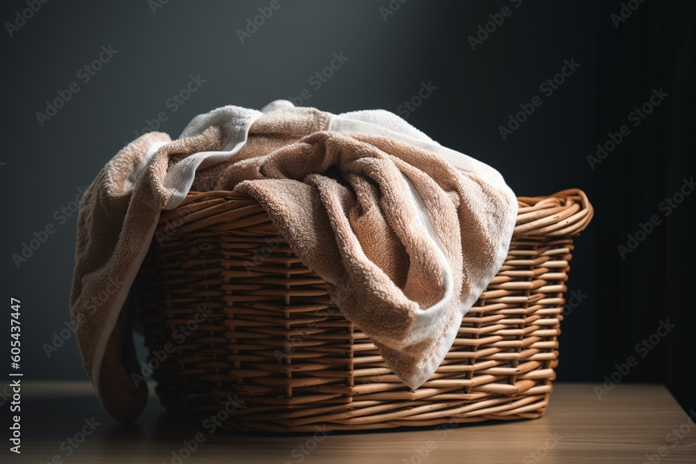 Clean towels in a wicker basket on white background. Generative AI - obrazy, fototapety, plakaty 