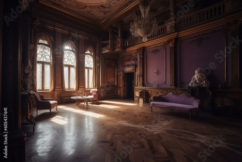 A luxurious palace interior adorned in gold and violet shades. Generative AI © David