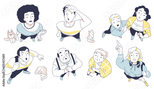 People looking up overheads. Surprised men and women look down into sky from above view. Shocked characters pointing finger and standing. Cartoon flat vector collection isolated on white background